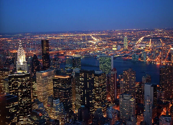 New York City Skyline East River Chrysler Building Night United Nations