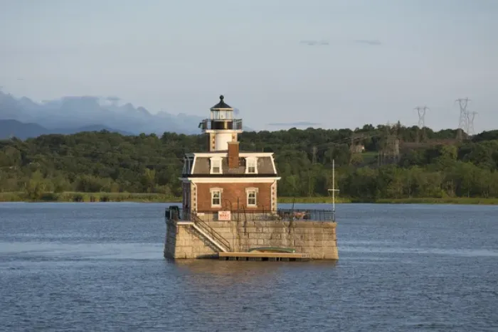 Framed Print : New York, Hudson River between Kingston and Troy. Historic Hudson-Athens Lighthouse