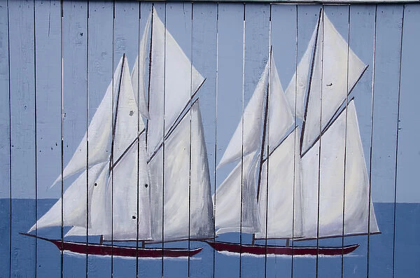 New York, Oswego. H. Lee White Marine Museum, painted fence with boat