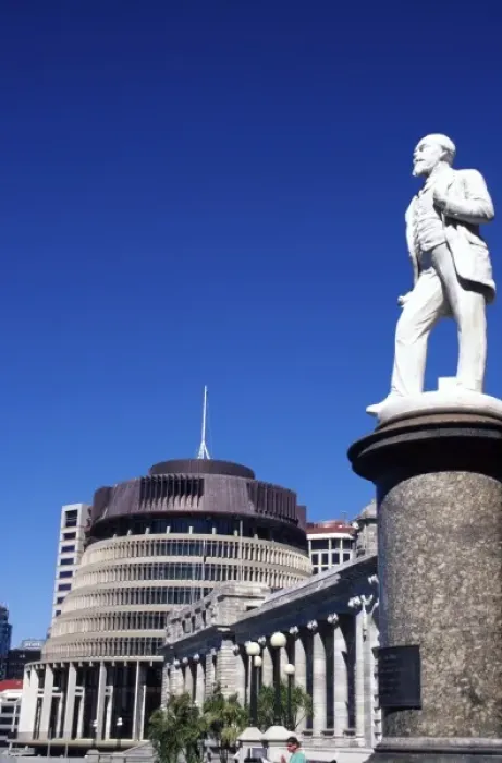 Framed Print : New Zealand, John Balance Statue, Parliament Buildings and The Beehive, Wellington