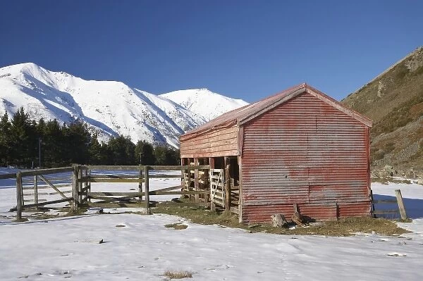 New Zealand, Mid Canterbury, Old Farm Building in Winter, Hakatere Station, Hakatere