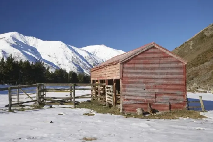Framed Print : New Zealand, Mid Canterbury, Old Farm Building in Winter, Hakatere Station, Hakatere