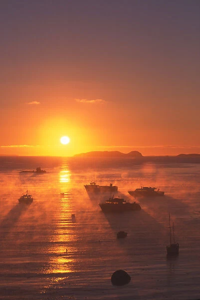 01. New Zealand, Misty Sunrise and Fishing Boats, Halfmoon Bay, Stewart Island  /  Rakiura 