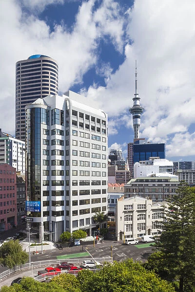 New Zealand, North Island, Auckland, Central Business District skyline and Sky Tower