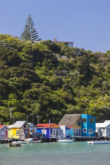 Framed Print : New Zealand, North Island, Paremata, houses along Porirua Harbour Framed Print : New Zealand, North Island, Paremata, houses along Porirua Harbour