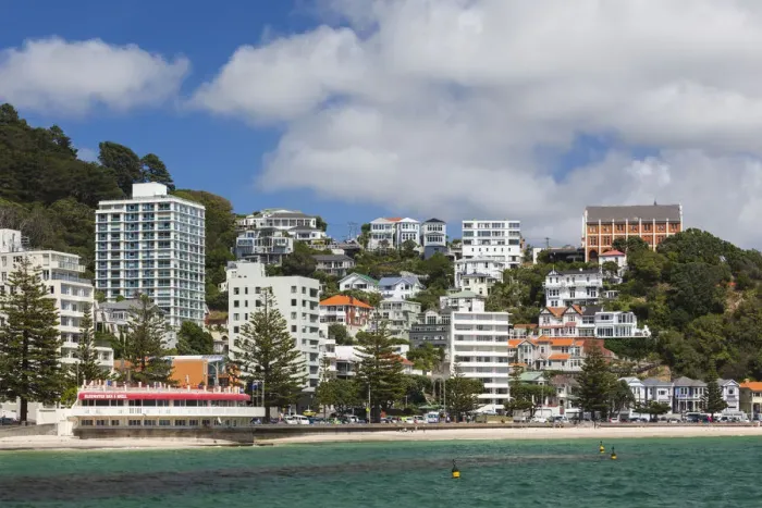 Framed Print : New Zealand, North Island, Wellington, Oriental Parade, buildings Framed Print : New Zealand, North Island, Wellington, Oriental Parade, buildings