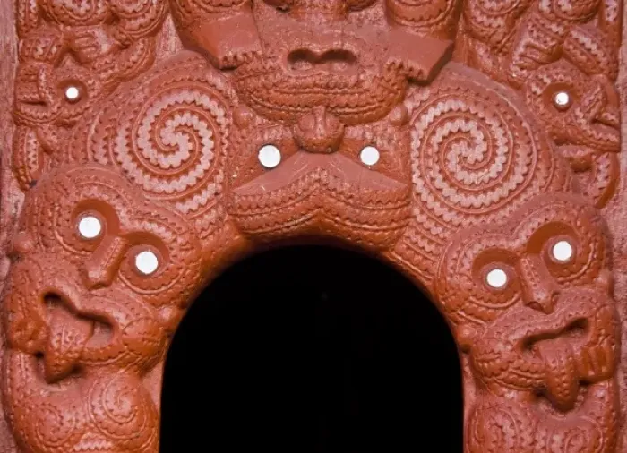 Framed Print : New Zealand, Rotorua. Traditional Maori wood carving around entrance Framed Print : New Zealand, Rotorua. Traditional Maori wood carving around entrance