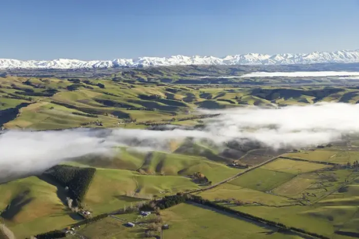 Framed Print : New Zealand, South Canterbury, Farmland and Mist, Taiko Flat, near Timaru - aerial