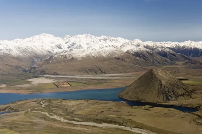 Framed Print : New Zealand, South Island, Arrowsmith Range. Aerial view of Lake Heron and the Arrowsmith Range