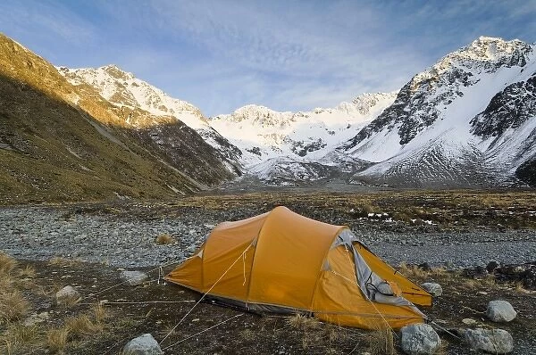 New Zealand, South Island, Arrowsmith Range. Campsite in the Ashburton River Valley