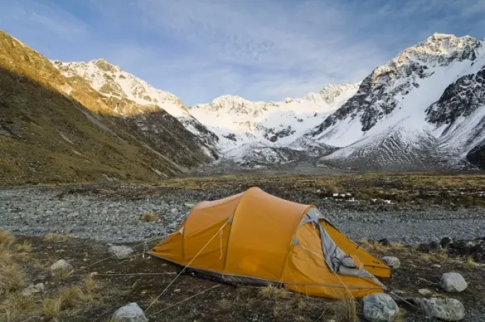 Framed Print : New Zealand, South Island, Arrowsmith Range. Campsite in the Ashburton River Valley