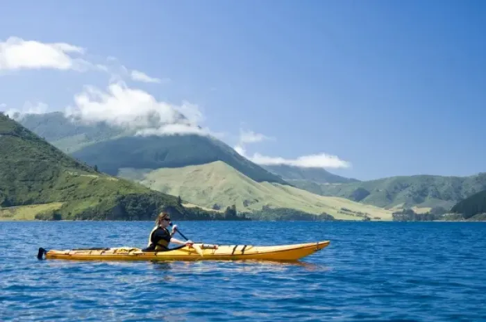 Framed Print : New Zealand, South Island, Marlborough Sounds. Leeann Sain sea kayaking. (MR) Framed Print : New Zealand, South Island, Marlborough Sounds. Leeann Sain sea kayaking. (MR)