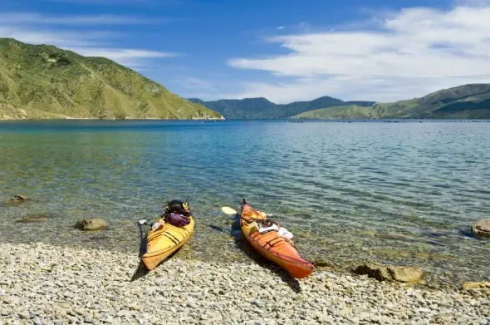 Framed Print : New Zealand, South Island, Marlborough Sounds. Sea kayaks on beach at Tawhitinui Reach