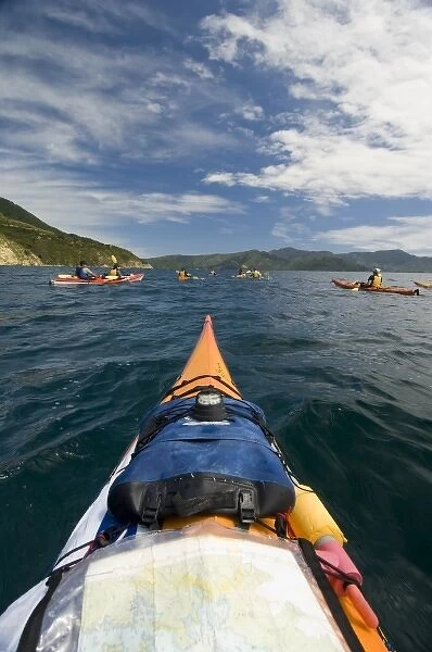 New Zealand, South Island, Marlborough Sounds. Seakayakers at Tennyson Inlet