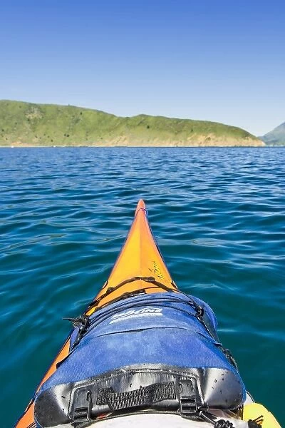 New Zealand, South Island, Marlborough Sounds. Sea kayaker in Waitata Reach