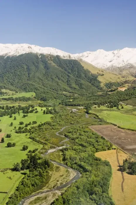 Framed Print : New Zealand, South Island, Methven. Aerial view of farming landscape by Methven and the Mt