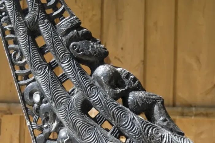 Framed Print : New Zealand, South Island, Oakins Bay. Wood carvings on a traditional Maori canoe Framed Print : New Zealand, South Island, Oakins Bay. Wood carvings on a traditional Maori canoe