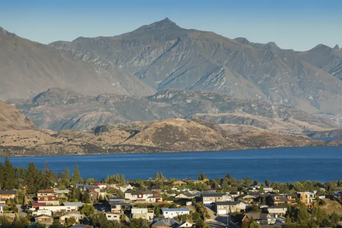 Framed Print : New Zealand, South Island, Otago, Wanaka, elevated town view from Mt. Iron, morning