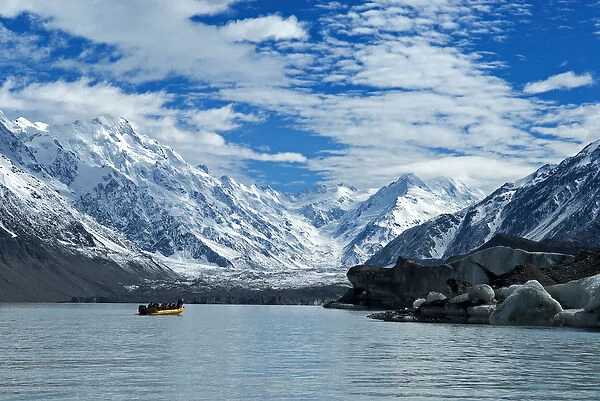 New Zealand; South Island. Raft on the Tasman Glacier Terminal Lake