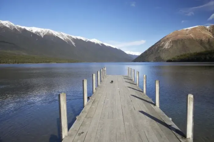 Framed Print : New Zealand, South Island, Tasman District, Nelson Lakes National Park, Jetty, Lake Rotoiti