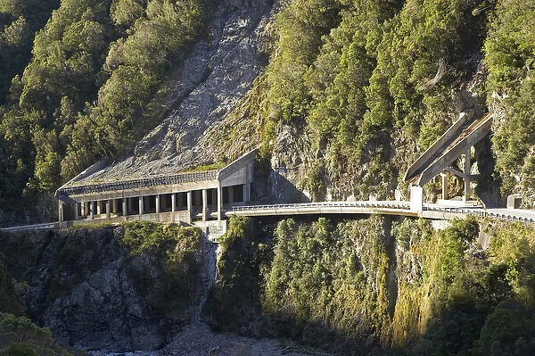 New Zealand, South Island, West Coast, Rockslide and Water Bridges over Arthurs Pass Road