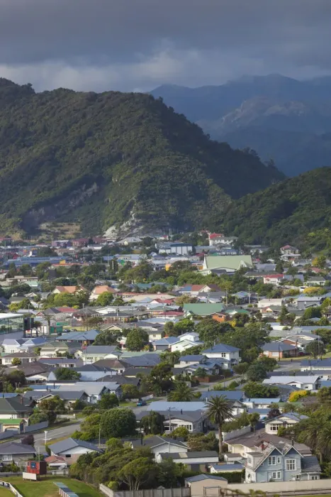 Framed Print : New Zealand, South Island, West Coast, Greymouth, elevated town view Framed Print : New Zealand, South Island, West Coast, Greymouth, elevated town view