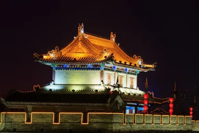 Framed Print : night lighting and glowing lanternds, Views from atop City Wall, Xi an, China