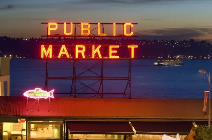 Framed Print : Night lights of Pike Place Market in Seattle, Washington, U. S. A Framed Print : Night lights of Pike Place Market in Seattle, Washington, U. S. A