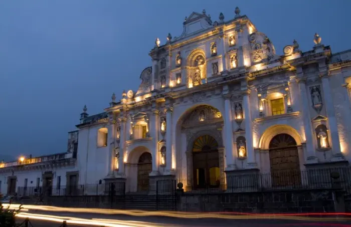 Framed Print : Night photo with traffic in front of famous Cathedral in square of Antigua Guatemala