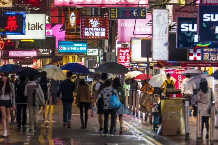 Framed Print : Night street scene, Kowloon, Hong Kong, China