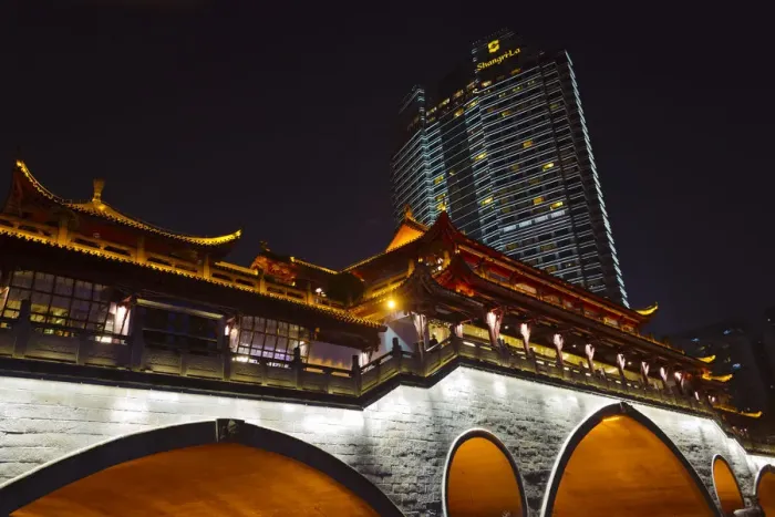 Framed Print : Night view of Anshun Bridge with modern high-rise, Chengdu, Sichuan Province, China