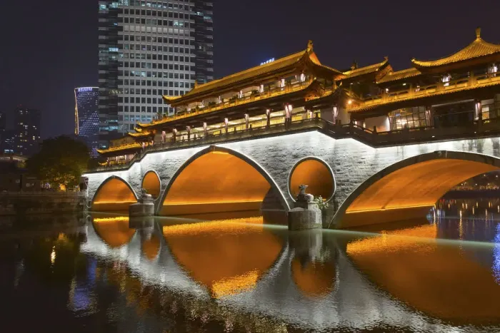 Framed Print : Night view of Anshun Bridge with reflection in Jin River, Chengdu, Sichuan Province Framed Print : Night view of Anshun Bridge with reflection in Jin River, Chengdu, Sichuan Province
