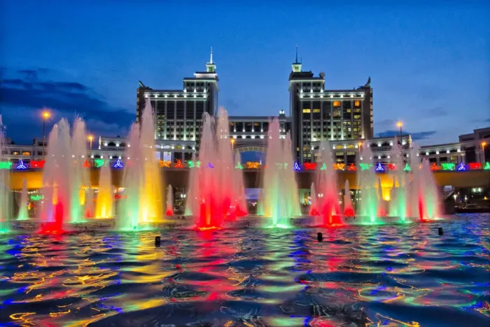 Framed Print : Night view of fountain in Round Square and the Headquarters of KazMunayGas, Astana