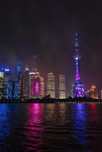 Night view of high-rises by Huangpu River, Pudong, Shanghai, China