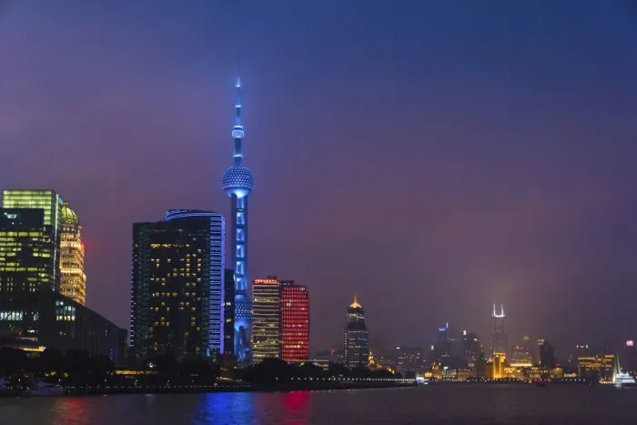 Framed Print : Night view of Oriental Pearl TV Tower and high-rises by Huangpu River, Pudong, Shanghai