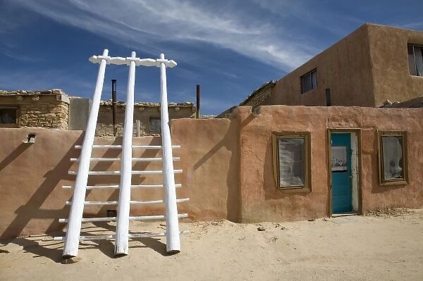 NM, New Mexico, Acoma Pueblo Sky City occupied since circa AD 1150, ladder poles point north-south