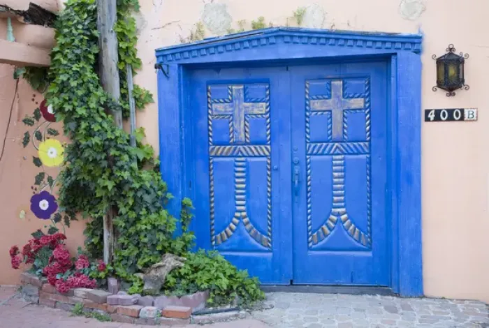 Framed Print : NM, New Mexico, Albuquerque, Historic Old Town, dramatic blue doors
