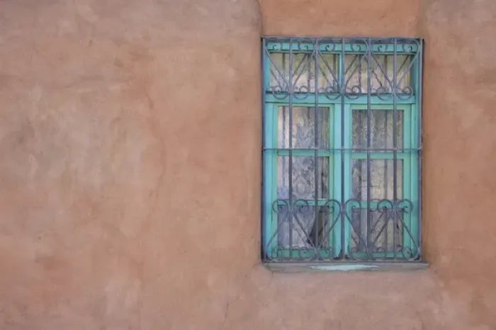 Framed Print : NM, New Mexico, Santa Fe, turquoise colored window Framed Print : NM, New Mexico, Santa Fe, turquoise colored window
