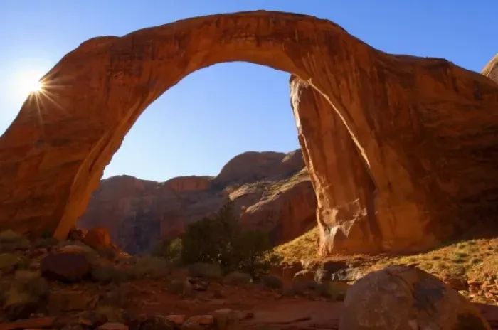 Framed Print : Nobody, North America, USA, Utah, Morning Sun Behind Rainbow Bridge, Largest Natural