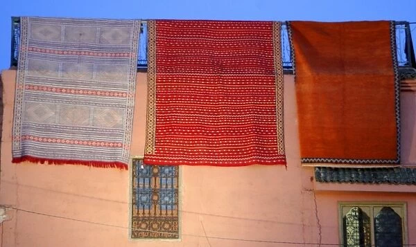 North Africa, Africa, Morocco, Marrakesh. Traditional Moroccan carpets displayed