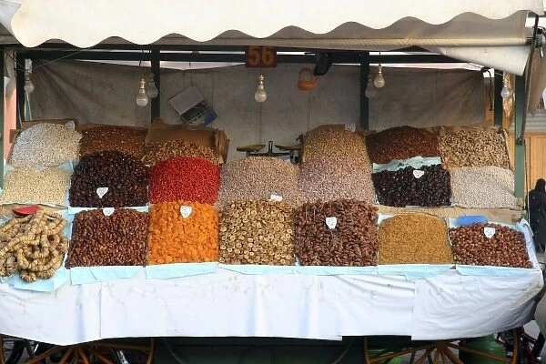 North Africa, Africa, Morocco, Marrakesh. Dried fruits, nuts and spices of the Djeema el Fna