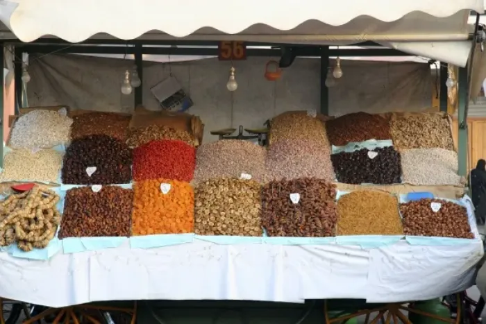 Framed Print : North Africa, Africa, Morocco, Marrakesh. Dried fruits, nuts and spices of the Djeema el Fna