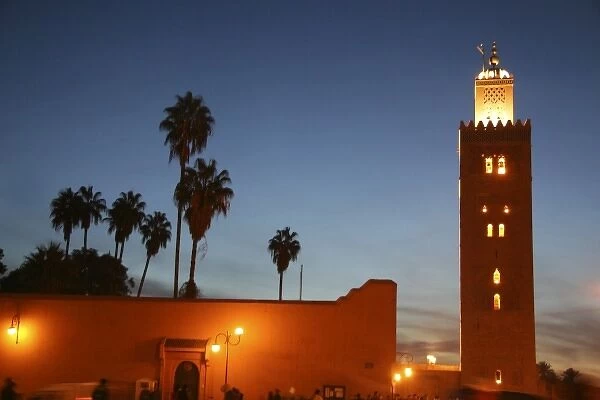 North Africa, Africa, Morocco, Marrakesh. Twilight view of the Koutoubia minaret of Marrakesh