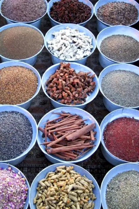 Framed Print : North Africa, Africa, Morocco, Marrakesh. Dried nuts and spices of the Djeema el Fna souks