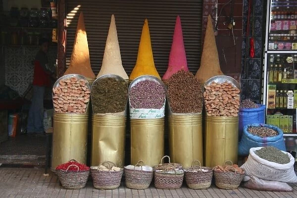 North Africa, Africa, Morocco, Marrakesh. Souks selling spices in the Mellah, or Jewish Quarter