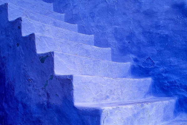 North Africa, Morocco, Chefchaouen. Blue stairs and wall