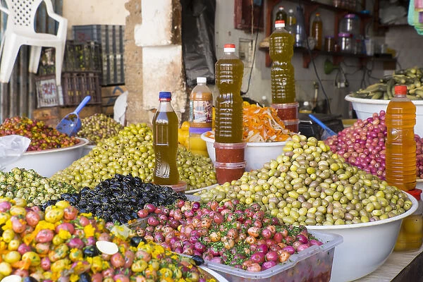 North Africa, Morocco, Essaouira, Souk, varieties of olives, oil and preserved lemons