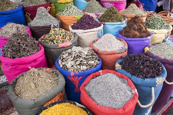 North Africa, Morocco, Marrakech. Bags of herbs, spices and dried floral and vegetable
