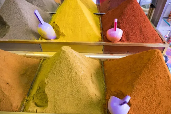 Framed Print : North Africa, Morocco, Marrakech. Jemna El Efna spice market display