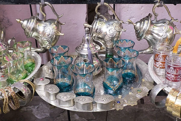 North Africa, Morocco, Marrakech. Traditional mint tea glasses and metal moroccan